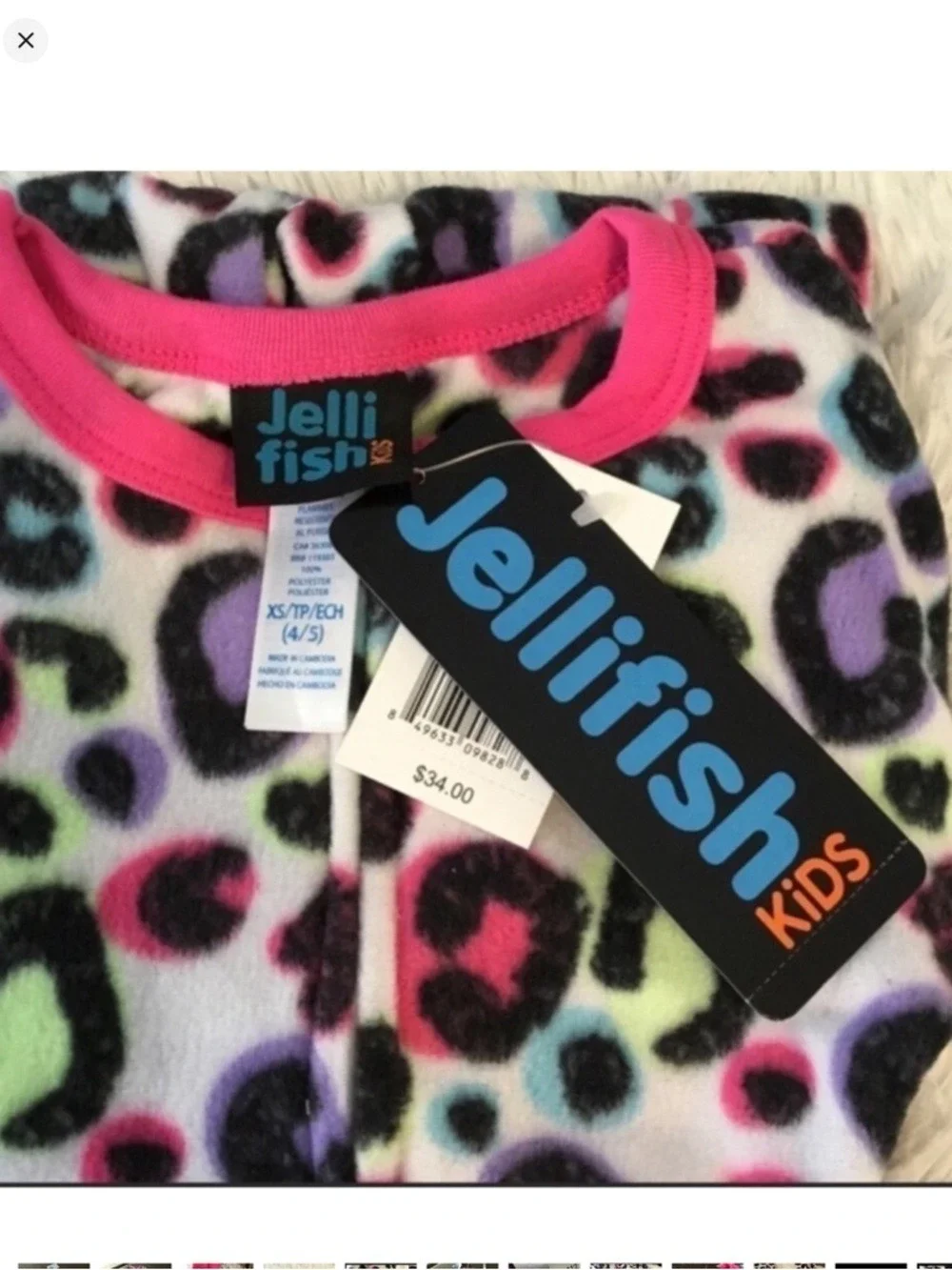Jellyfish kids one piece pajama Girls XS size 4-5 white leopard animal print